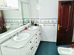 Banheira, secador de cabelo, bidê, toalhas de banho