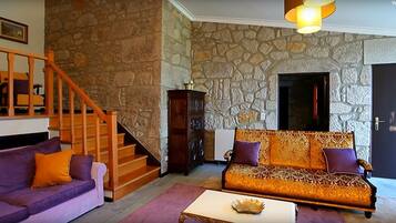 TV, fireplace, books