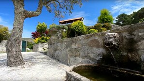 Un muro de piedra con una fuente, un árbol y un edificio de techo rojo al fondo.