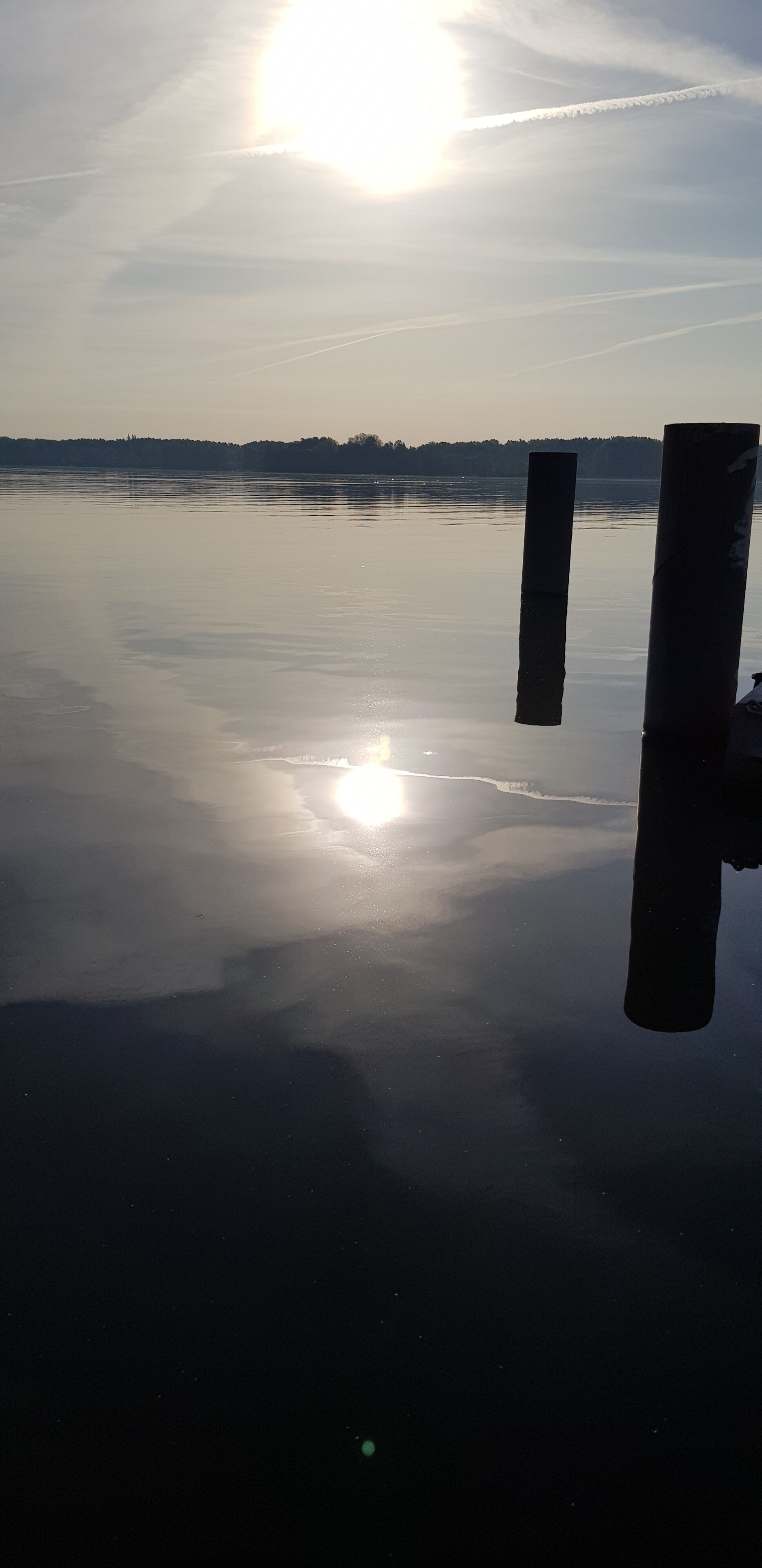 Un lac paisible, dont la surface reflète clairement le soleil, et où l’on aperçoit une ligne d’arbres à l’horizon.