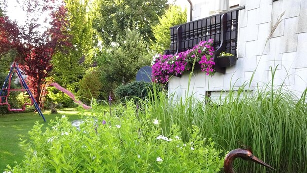 Un jardin avec un étang, une statue de cygne et une aire de jeux.