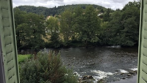 Aussicht auf einen Fluss, umgeben von grüner Vegetation und Hügeln.
