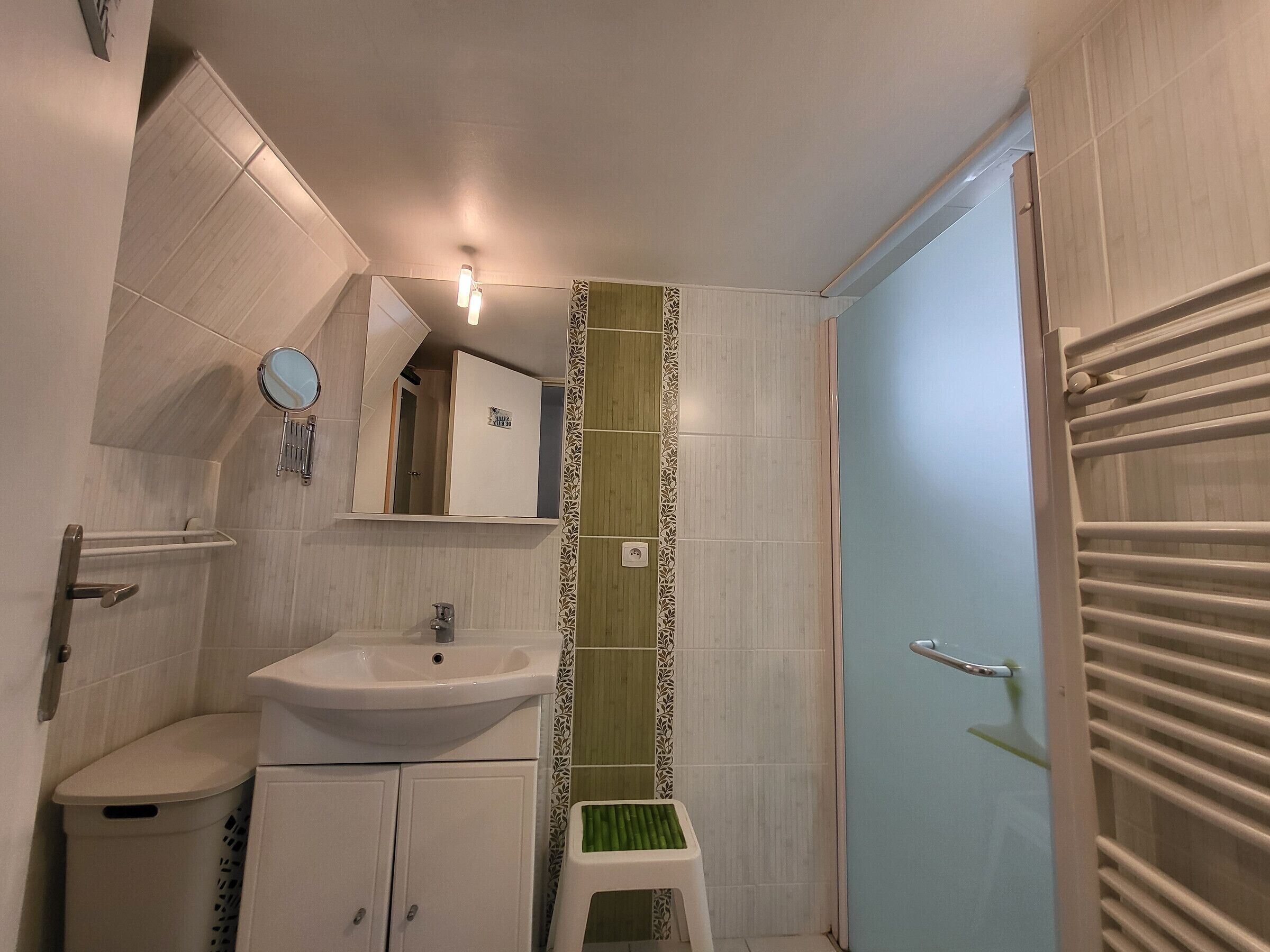 Een kleine badkamer met een wastafel, spiegel en toilet.