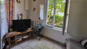 Ein Zimmer mit Fernseher auf einem Holztisch, ein Fenster mit Blick auf Grünflächen, eine Wandklimaanlage und eine kleine Ablage mit Dekoration.