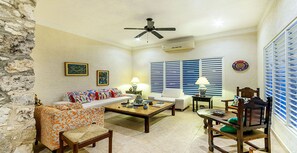 TV, fireplace, books, stereo