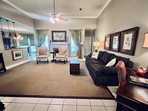 Smart TV, fireplace, DVD player, video library