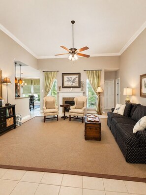 Smart TV, fireplace, DVD player, video library