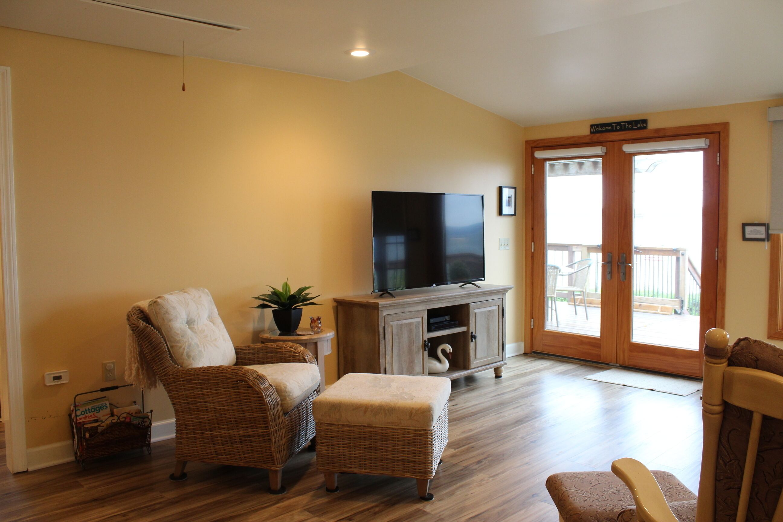 Smart TV, fireplace, DVD player, books