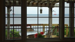 A view through a window with a wooden deck, a table with chairs, and a hanging bird feeder. - Beautiful Views, Sunrises, Dog Friendly, Comfortable! (Penn Yan)
