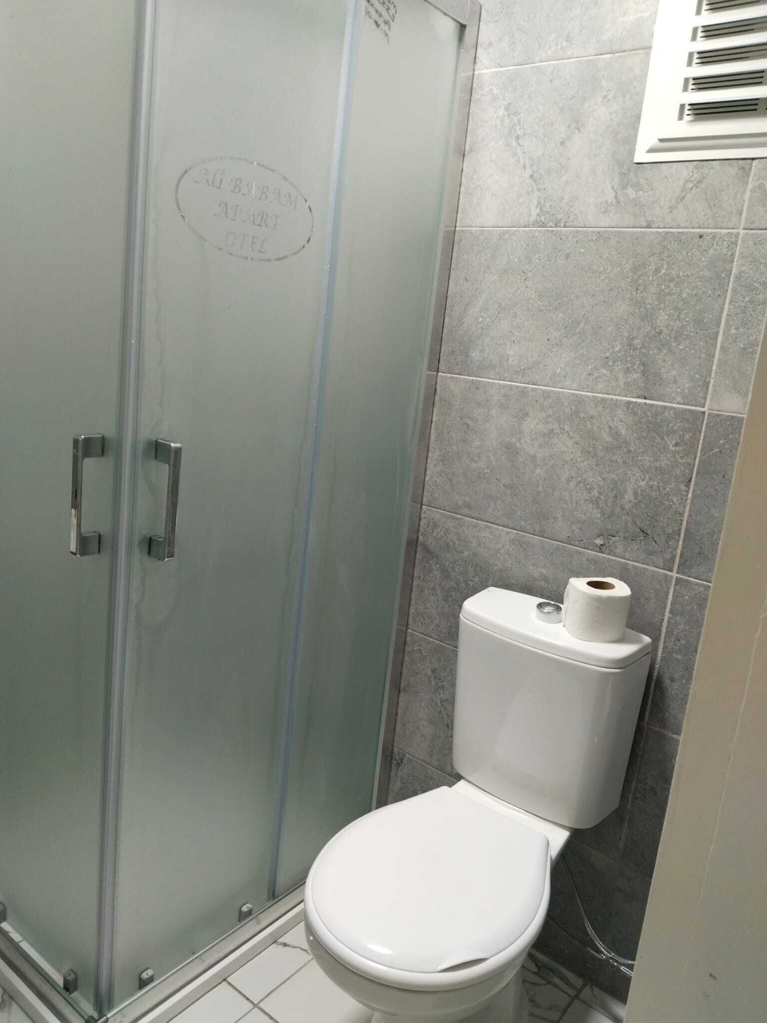 A bathroom with a glass shower enclosure, a white toilet, and grey tiled walls.