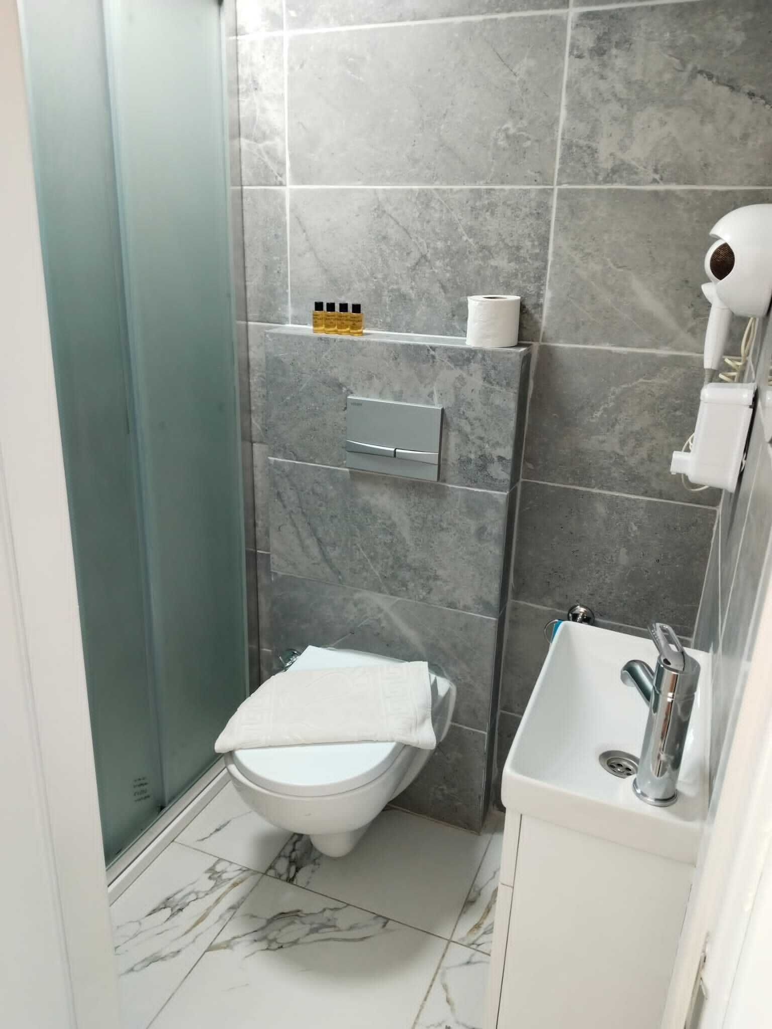 Een badkamer met toilet, wastafel en douche.
