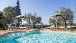 A swimming pool with clear blue water, surrounded by lounge chairs and umbrellas. - Podere Risoino (Poggibonsi)