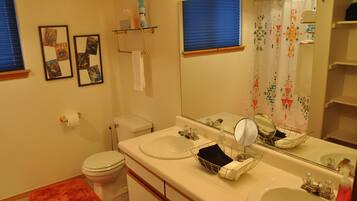Combined shower/bathtub, hair dryer, towels, soap