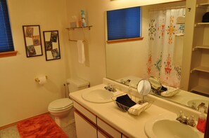 Combined shower/bathtub, hair dryer, towels, soap