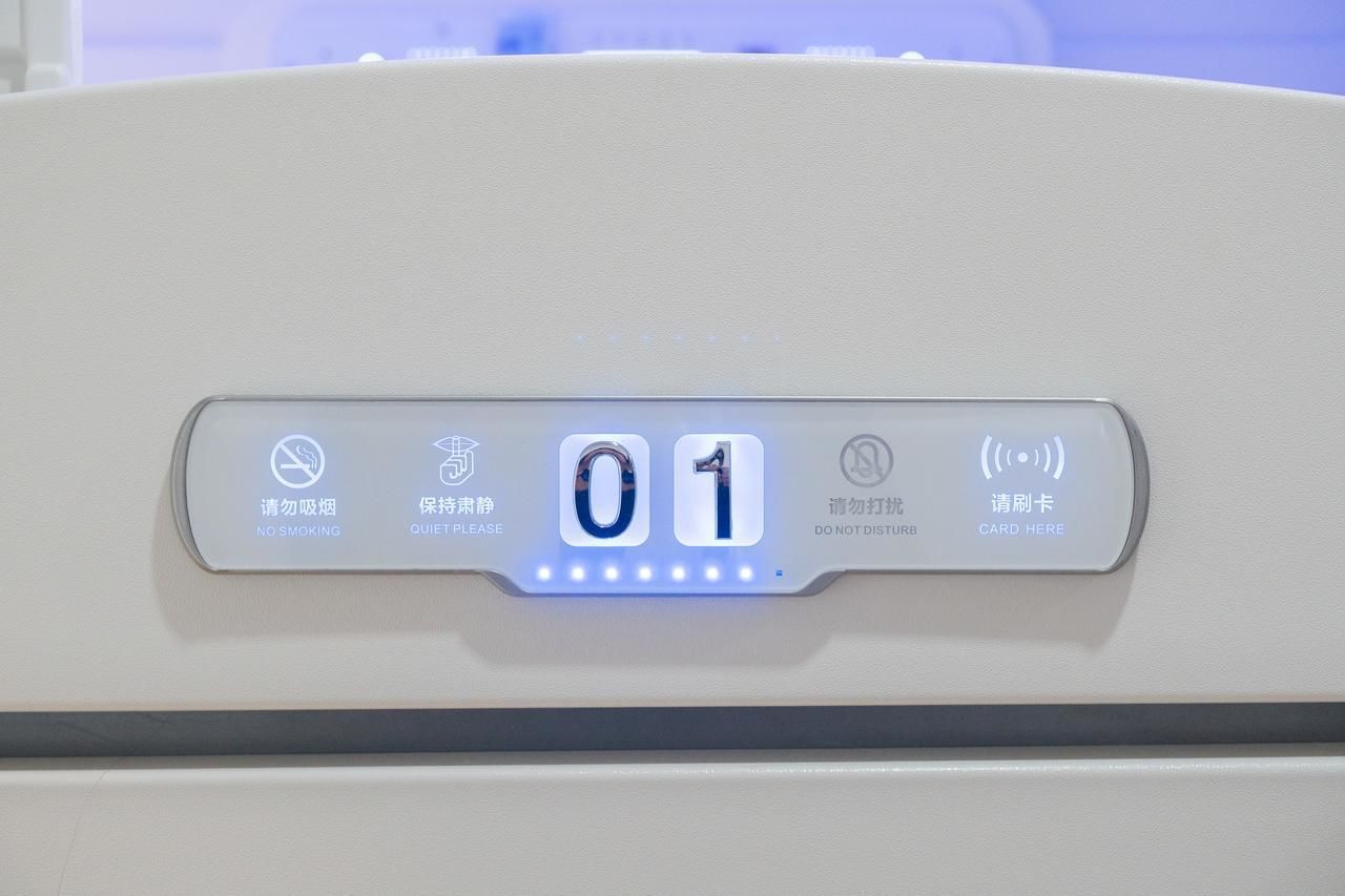A digital display with icons for no smoking, quiet please, do not disturb, and card here.