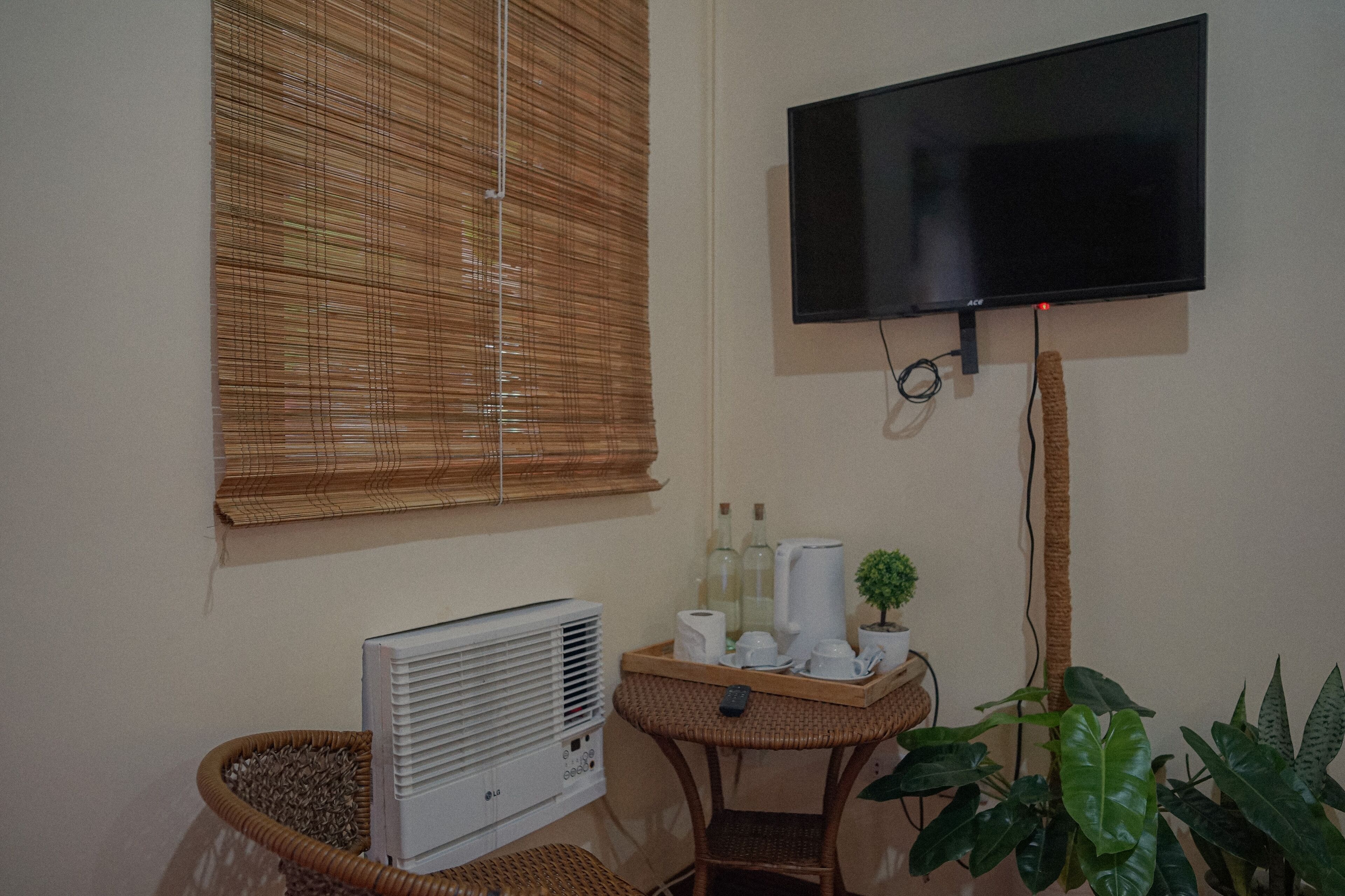 Une pièce avec un téléviseur fixé au mur, un radiateur portatif, une chaise en osier, une petite table avec une plante et une fenêtre avec des stores en bambou.