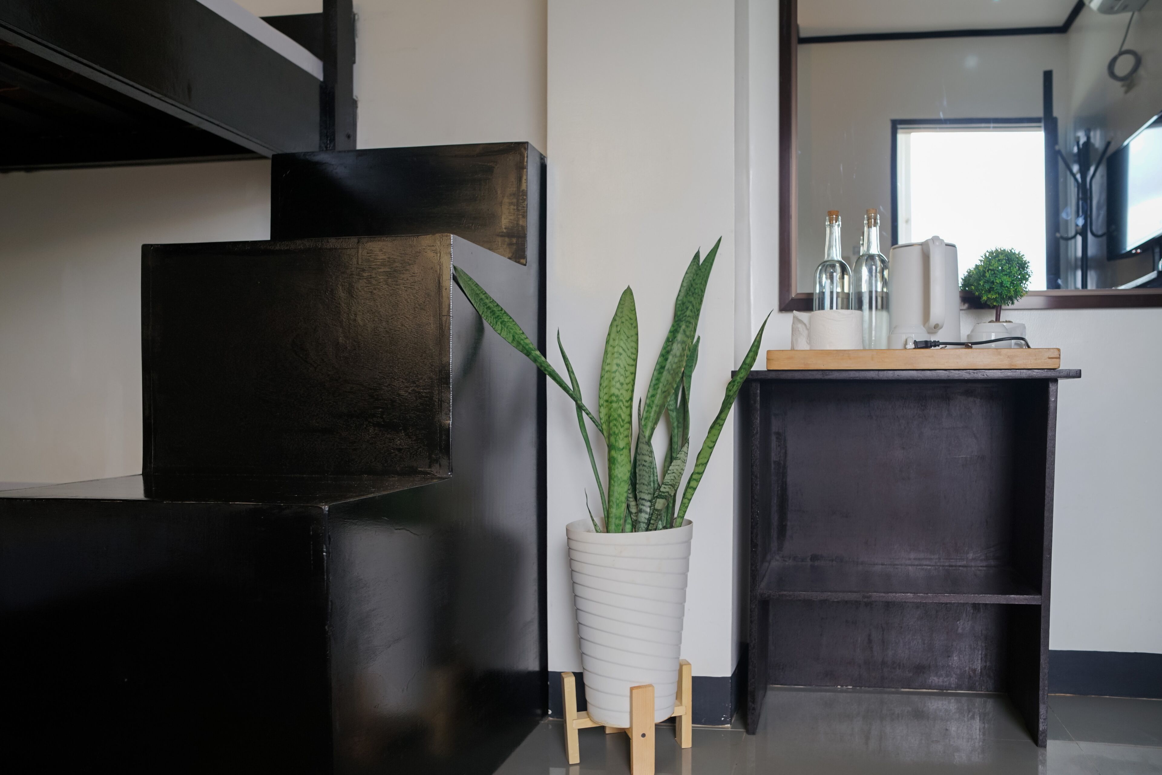 A modern interior with a black console, a white pot with a plant, and a wooden shelf with bottles and a small tree.