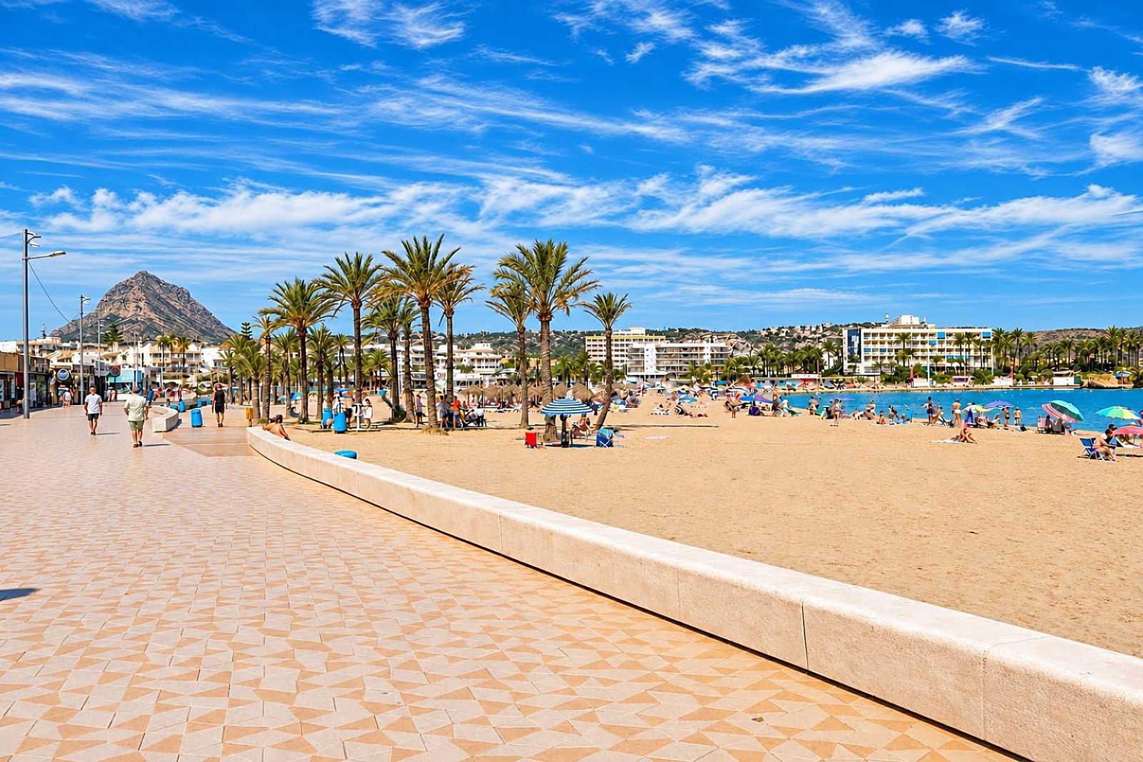 A beach with palm trees, a mountain in the background, and a tiled walkway.