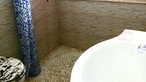 Une salle de bain avec une douche, des toilettes et une baignoire.