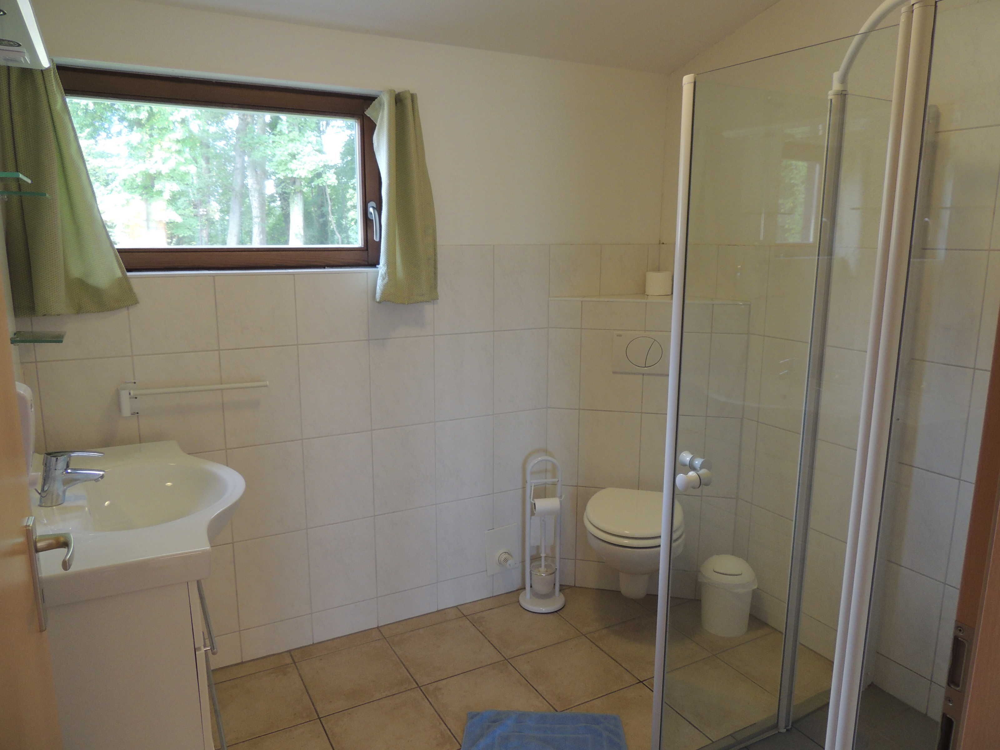 A bathroom with a sink, toilet, and glass shower enclosure.