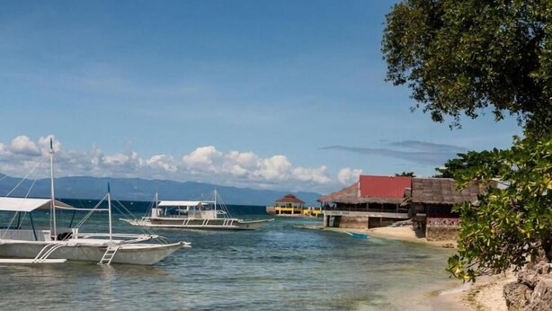 A coastal scene with boats docked near a sandy beach, a thatched-roof structure, and a mountain range in the background. - D' Gecko Hotel (Moalboal)