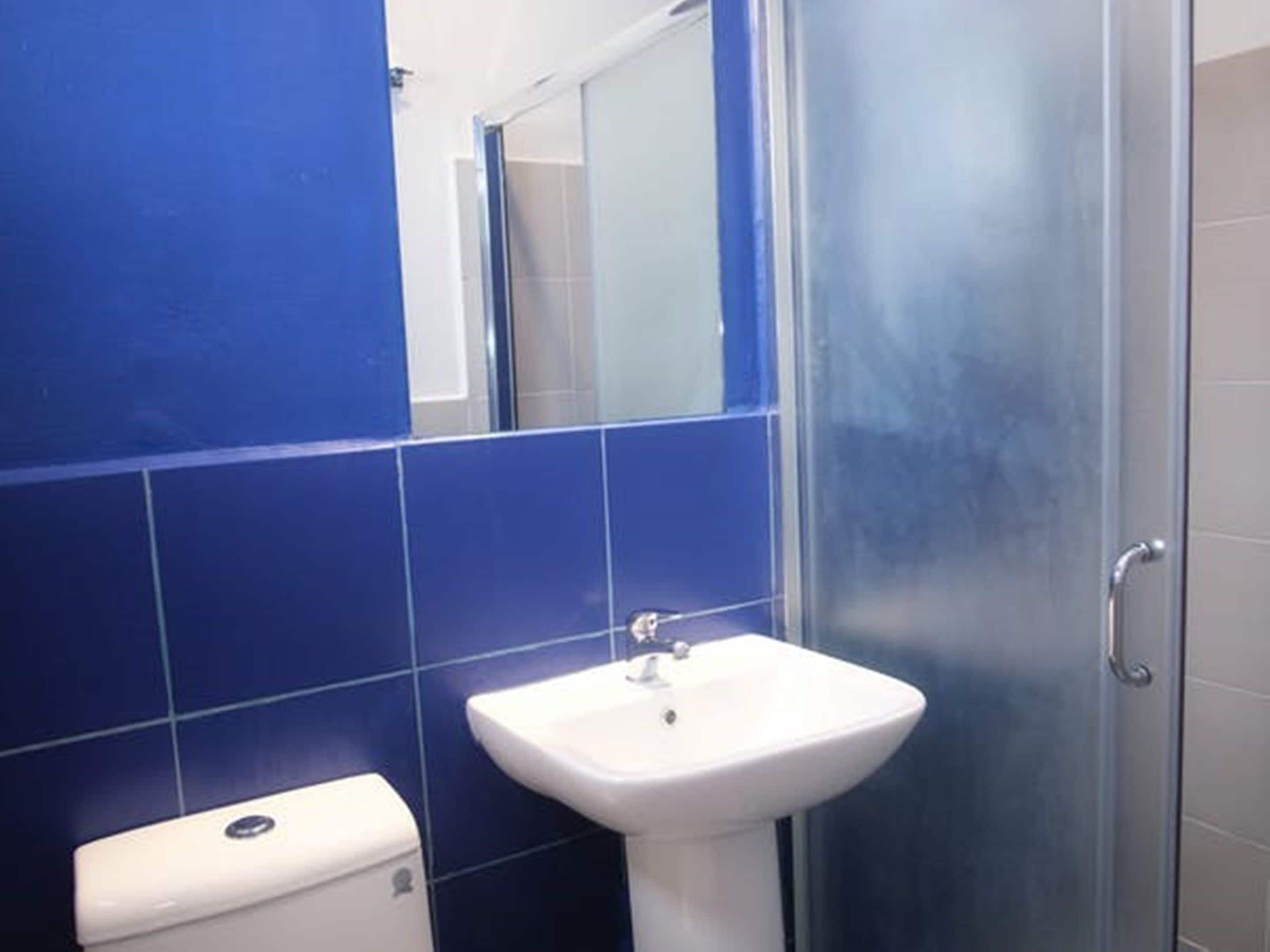 Une salle de bain avec un lavabo blanc, des toilettes et une douche à parois de verre.