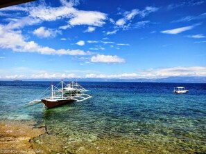 A boat anchored near a rocky shore with clear water and a distant mountain range under a blue sky with clouds. - D' Gecko Hotel (Moalboal)