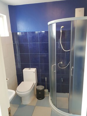 A bathroom with a toilet, a bidet, and a glass-enclosed shower stall. - D' Gecko Hotel (Moalboal)