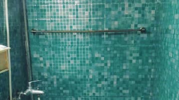 Shower, free toiletries, slippers, towels