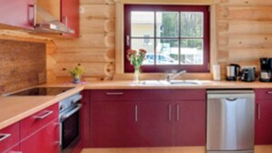 Una cucina in stile baita con lavello, fornello e lavastoviglie.
