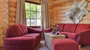 Interno di una baita di legno con un divano rosso, un tavolino in legno e un'ampia finestra.