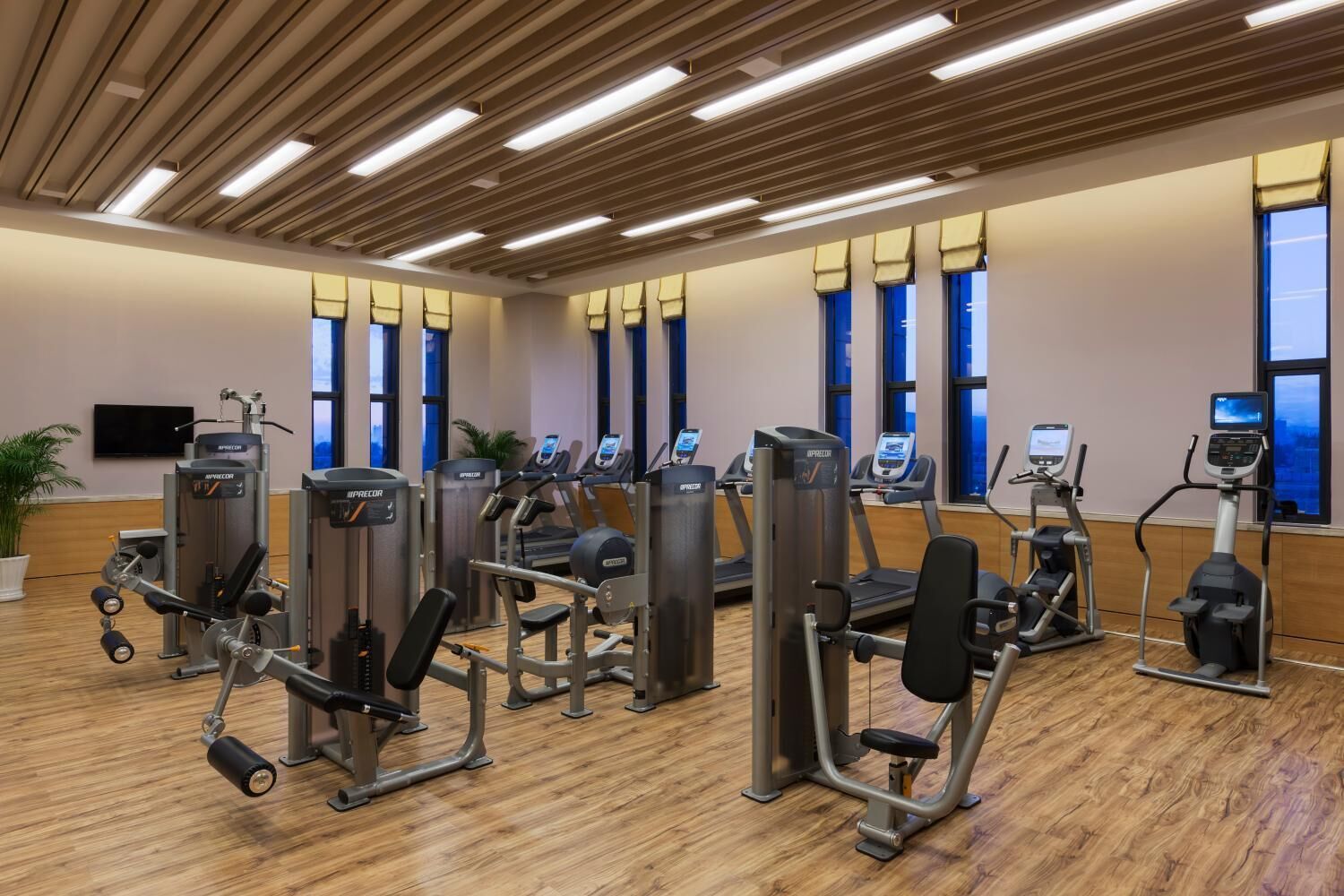 Un gimnasio moderno con varias máquinas de ejercicio, ventanas amplias y suelo de madera.