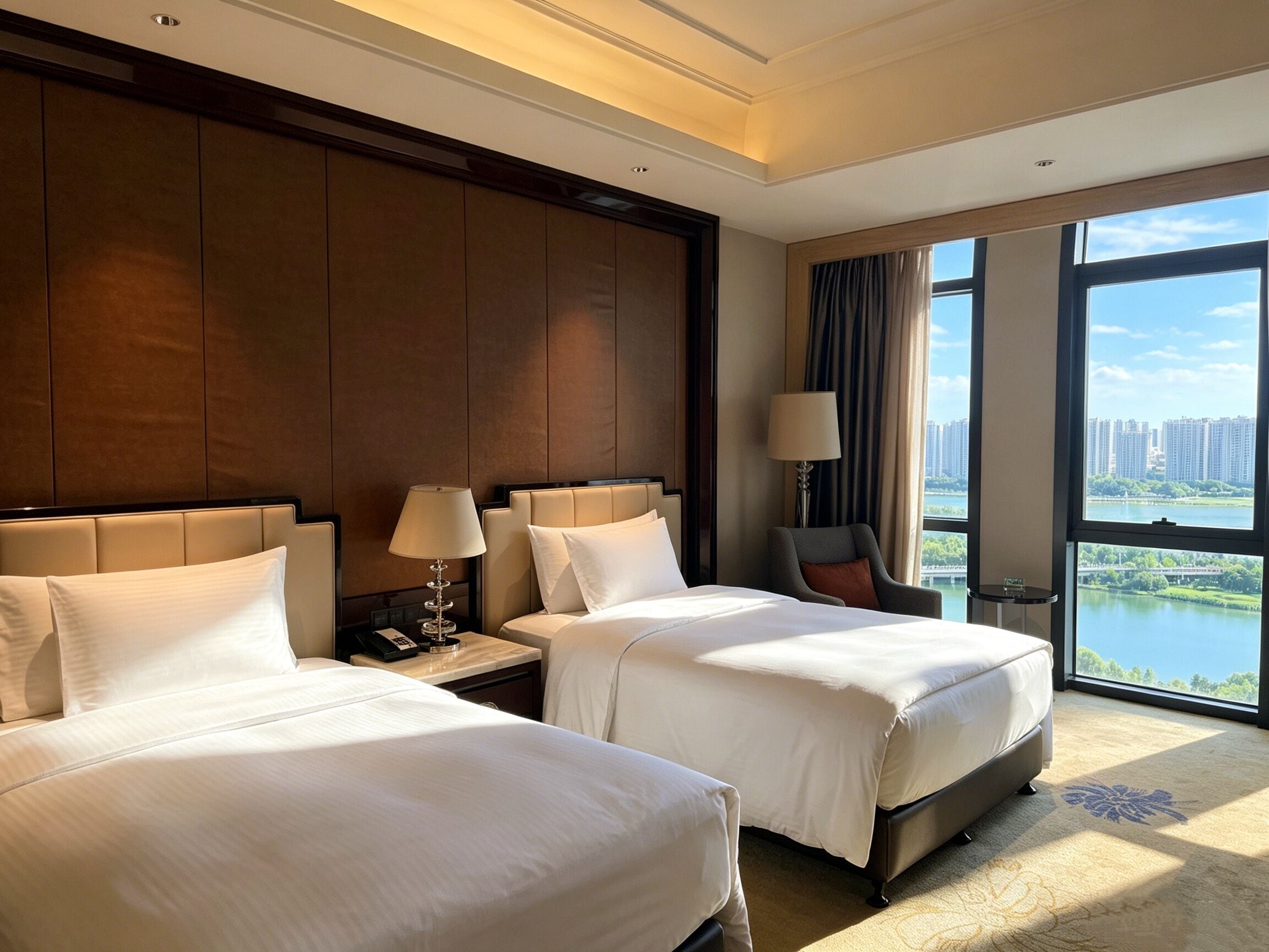 Habitación de hotel con dos camas, una mesita de noche con lámpara, una silla y vistas a un paisaje urbano a través de ventanas amplias.