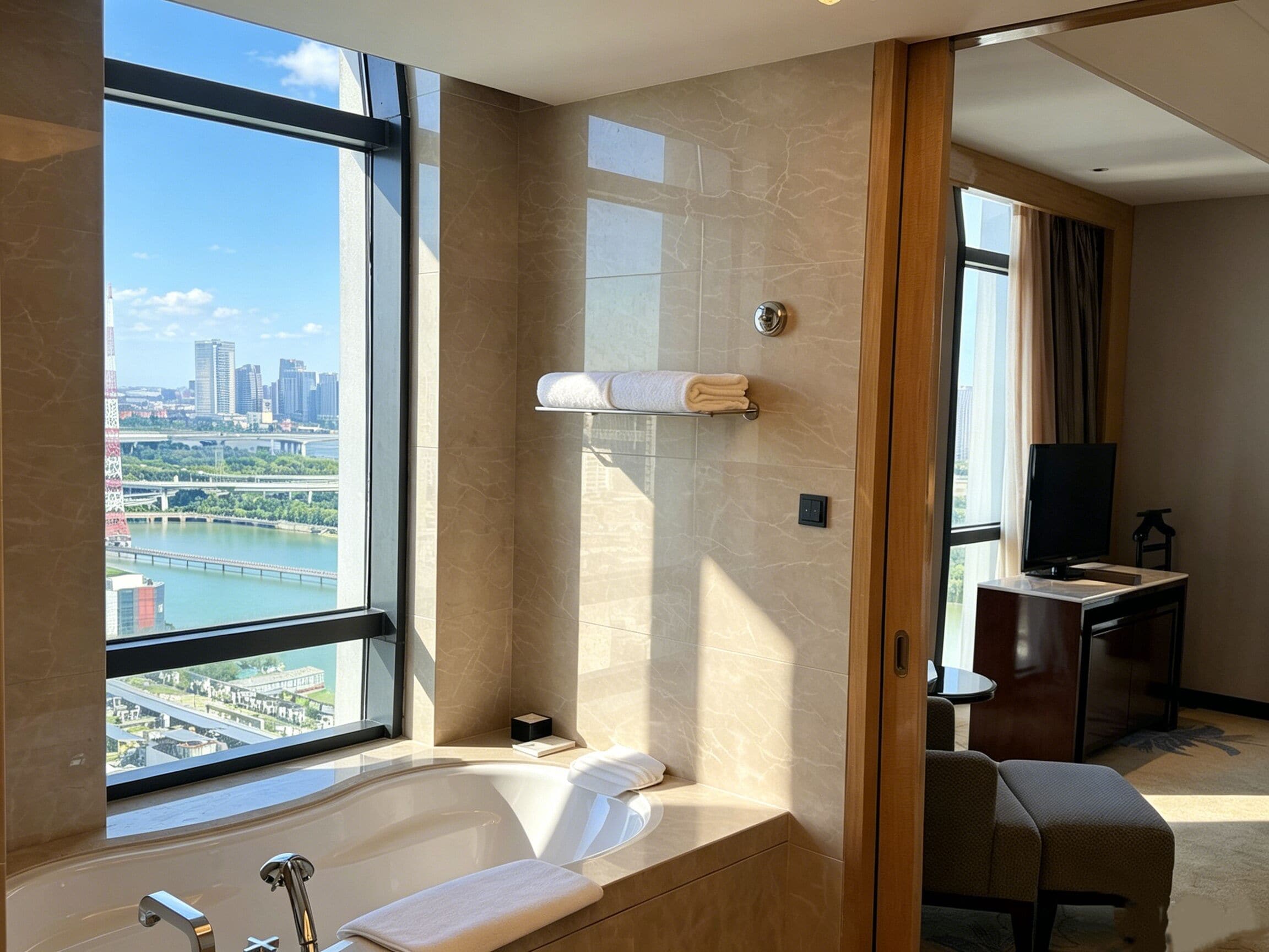 A modern bathroom with a bathtub, a towel rack, and a view of a cityscape through large windows.