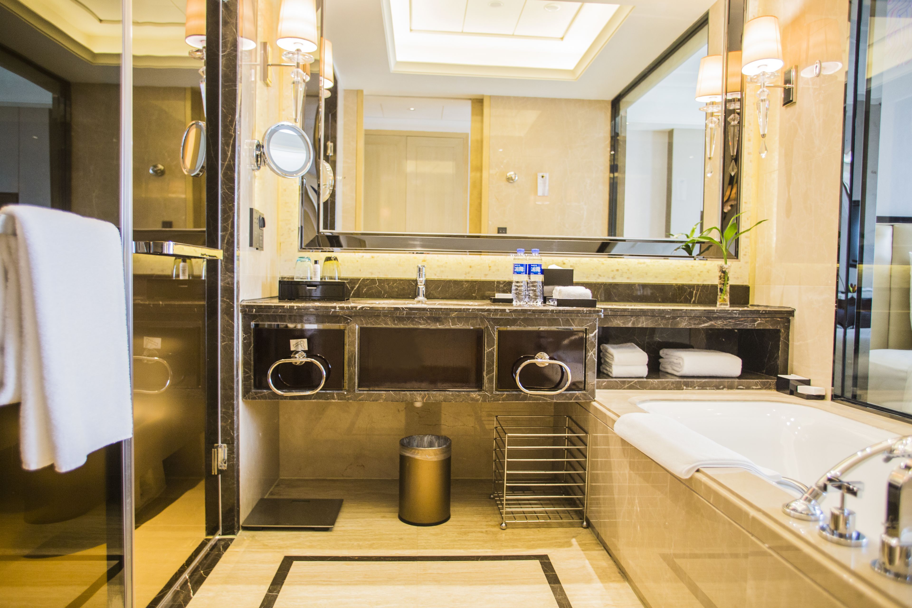 separate bathtub and shower, free toiletries, hair dryer, bathrobes