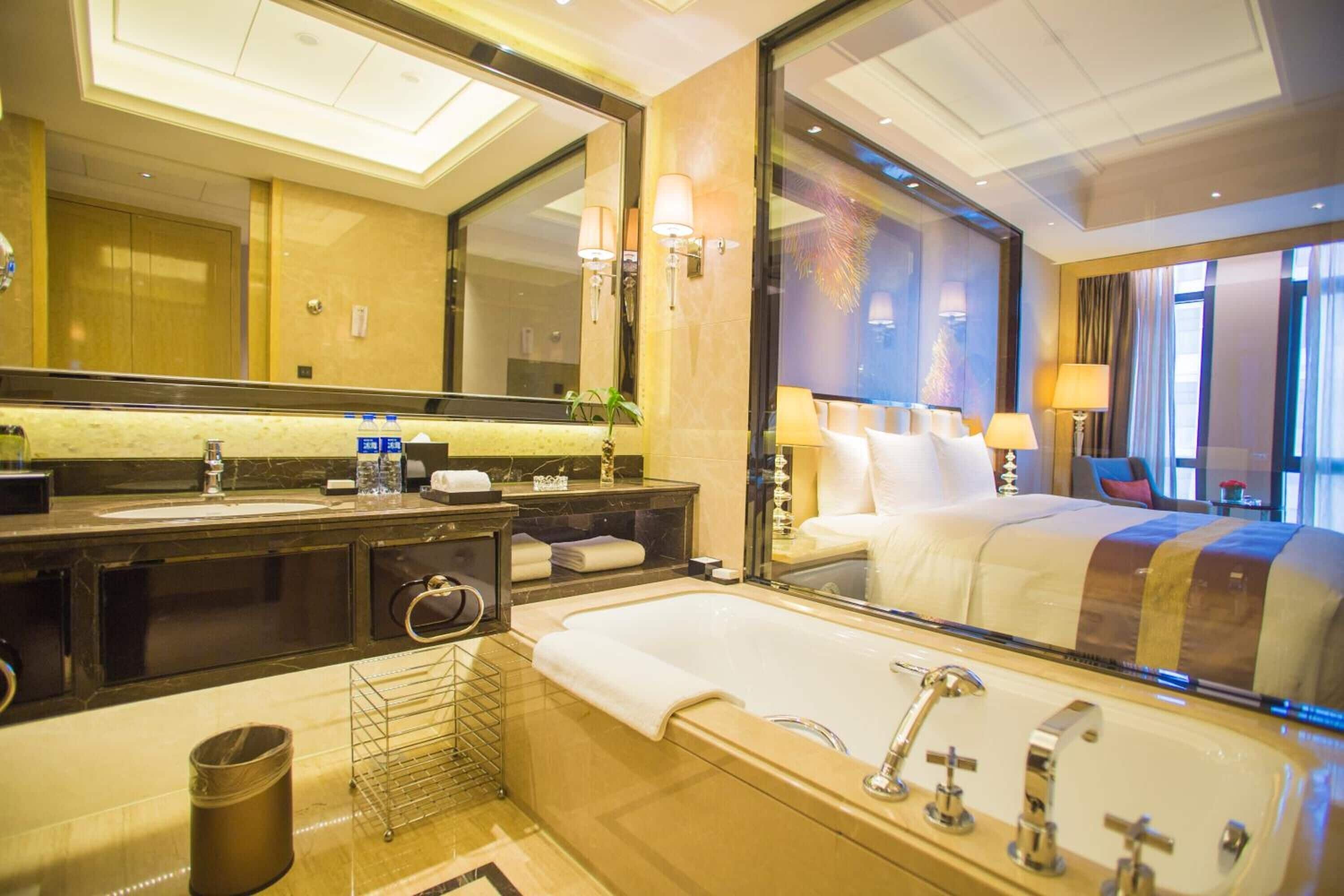 separate bathtub and shower, free toiletries, hair dryer, bathrobes