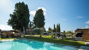 A swimming pool with clear water, surrounded by a well-maintained lawn and tall trees.