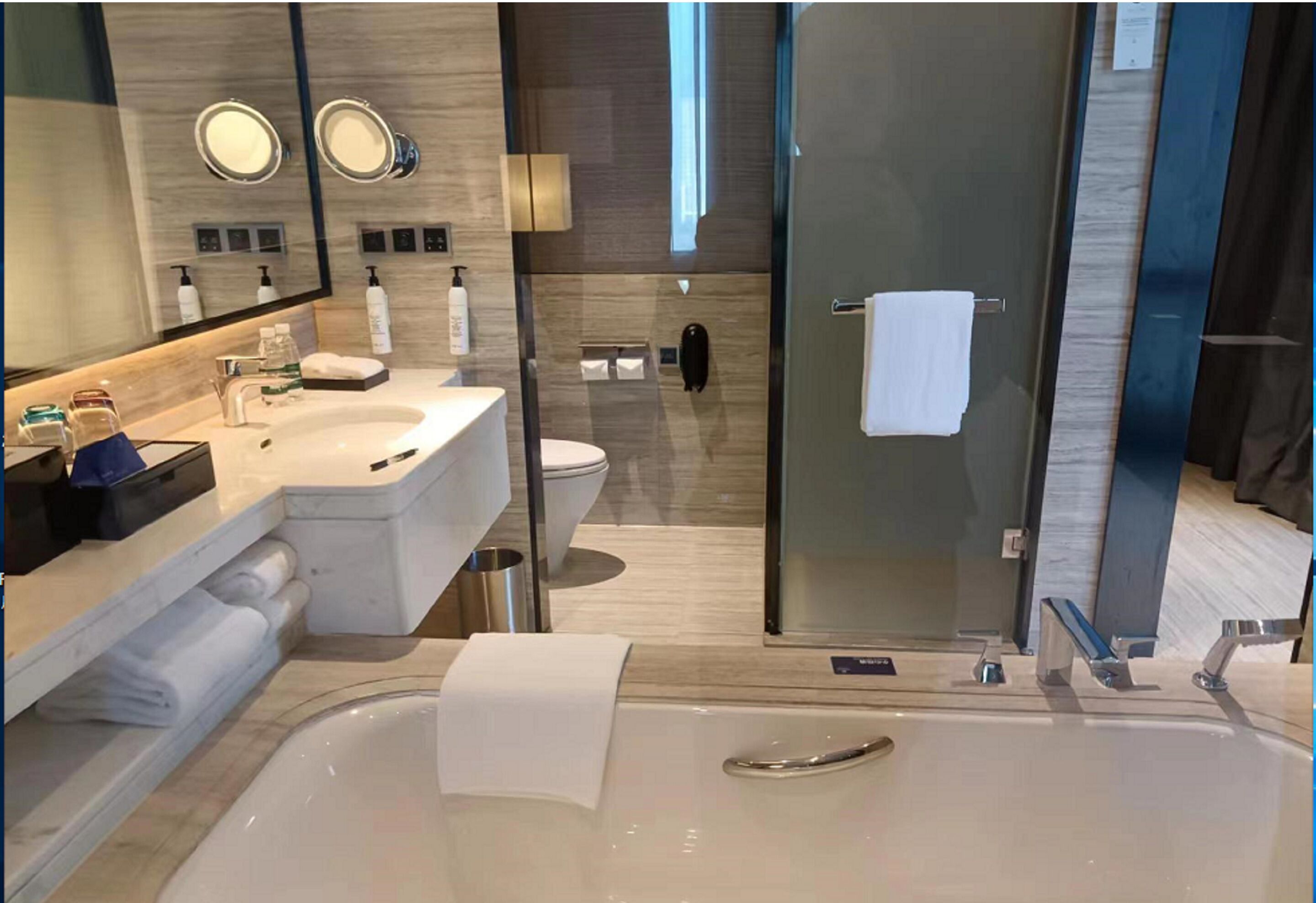 Un baño moderno con una bañera grande, un inodoro separado y una zona de ducha con mampara de vidrio.