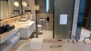 Un baño moderno con una bañera grande, un inodoro separado y una zona de ducha con mampara de vidrio.