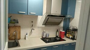 Kühlschrank, Herdplatte, Wasserkocher, Kochgeschirr/Geschirr/Besteck