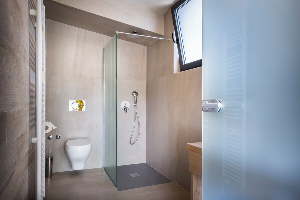 A modern bathroom with a glass shower enclosure, a toilet, and a sink.