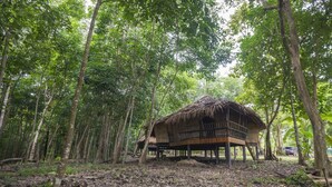 A thatched-roof hut in a forested area with a wooden deck. - 9 Huts on a Hill (Kudat)