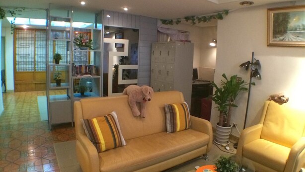 A living room with a sofa, armchair, and coffee table. There is a ceiling fan and a chandelier. - Star House 2 (Taipei)