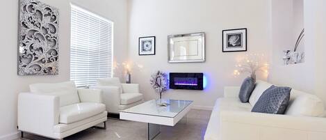 Smart TV, fireplace, video games, DVD player