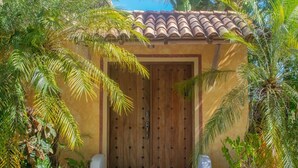 Una puerta de madera con manija metálica, rodeada de abundante follaje y un techo de tejas.