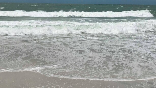 Una playa con olas y cielo despejado.
