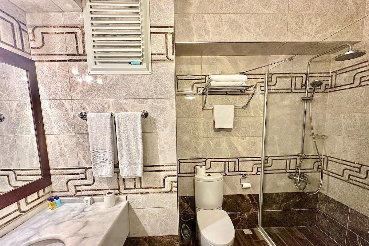 A bathroom with a toilet, bidet, and shower.