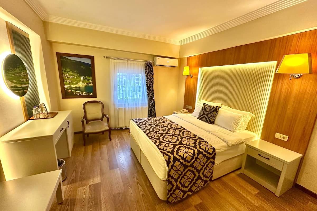 A hotel room with a bed, bedside tables, a chair, a desk, a mirror, an air conditioning unit, and a window with curtains.