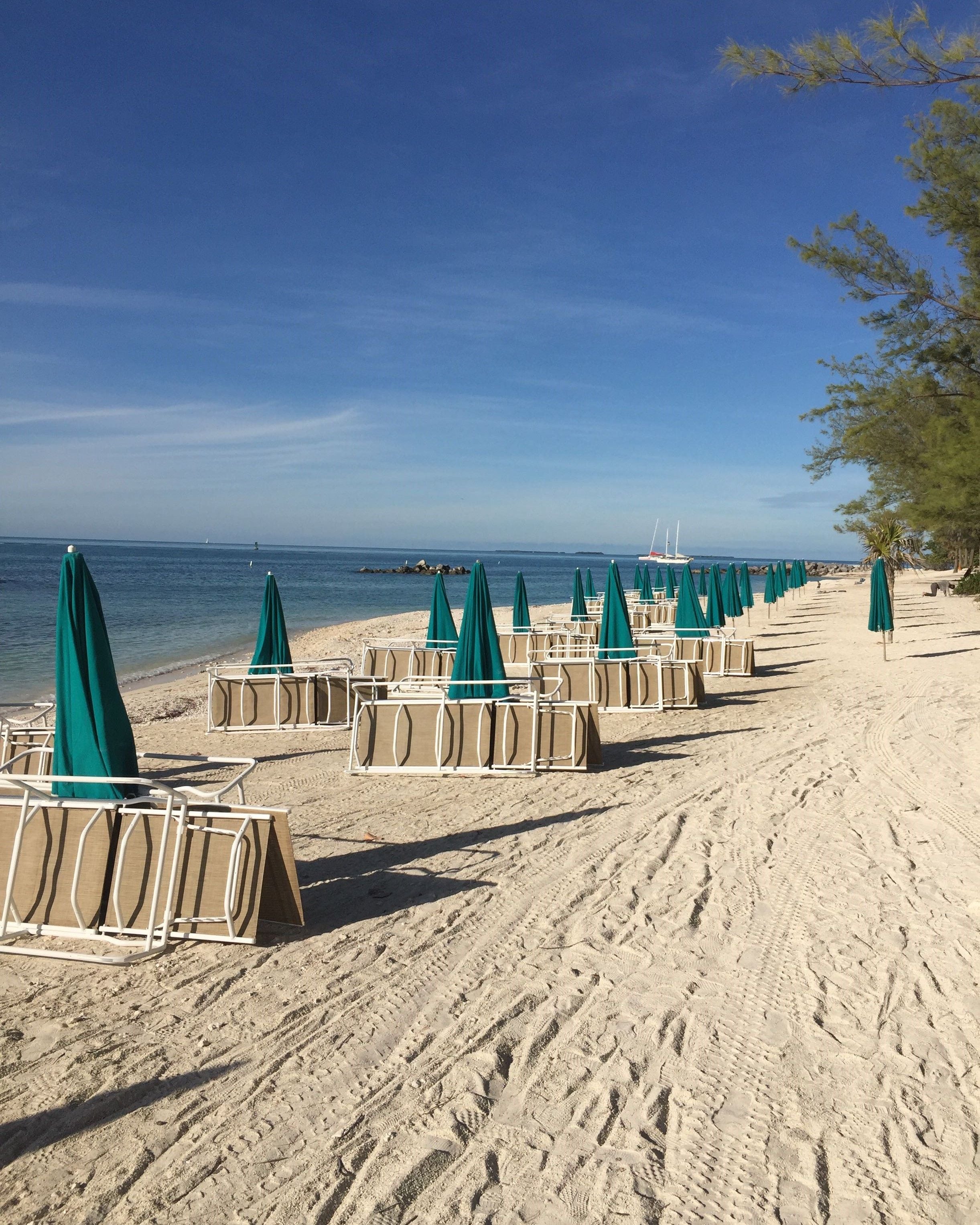 A beach with rows of sun loungers and umbrellas, a clear sky, and a calm sea.