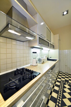 Appartement, 2 slaapkamers, uitzicht op stad | Privékeuken | Een koelkast/vriezer, een magnetron, een oven, een kookplaat